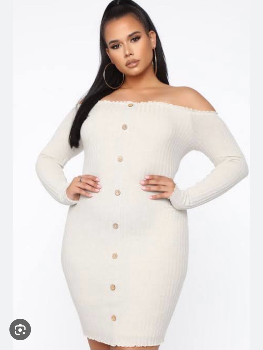 Fashion Nova Off-Shoulder Button-Front Ribbed Bodycon Dress in Grey/Cream